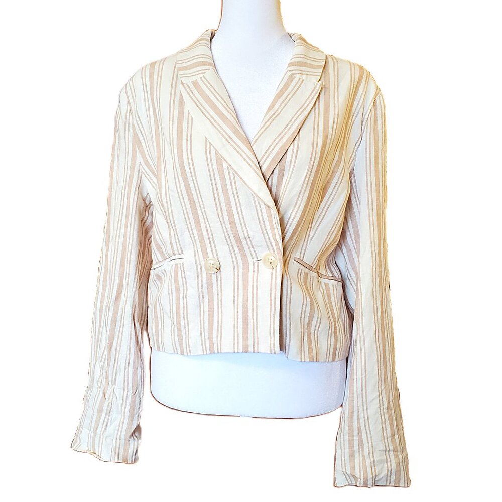 Evereve Janice Cropped Blazer Tan White Stripe Linen Jacket Women's Sz L Career